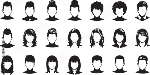 Hair style avatar collection for men and women featuring various haircut trends and silhouette profile head shapes for person identity
