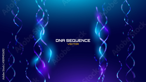 Abstract DNA Strand Molecule Helix Spiral Wave Blue Background. Medical Science Concept, Genetic Biotechnology, Chemistry Biology, DNA Gene. Vector Illustration.