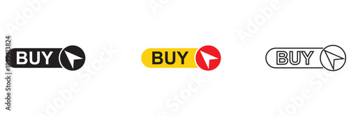 Buy button click icon UI set. Set of modern buy button icons with hand cursor clicks, representing online shopping, ecommerce actions, and user interface design concepts.

