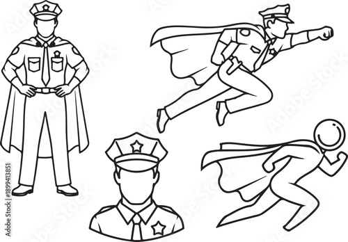 Police officer superhero set containing line art illustrations of law enforcement characters in capes flying and standing heroically