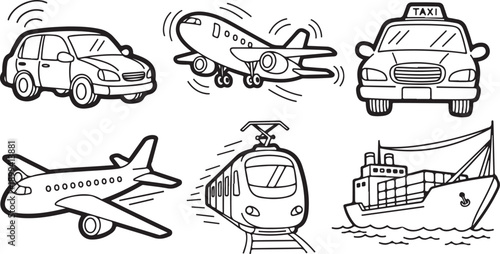 Transport vehicle collection showing hand drawn line art of airplane car taxi train and cargo ship for global travel and logistics