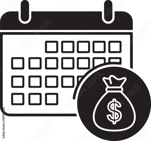 Business calendar icon with money bag symbol representing financial planning payment schedule debt management investment strategy timeline