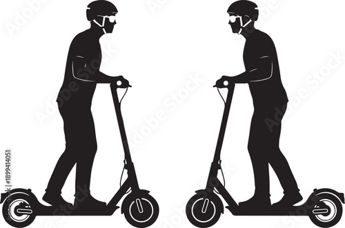 Electric scooter rider silhouette in profile view showing man wearing helmet and protective gear for eco friendly urban transportation