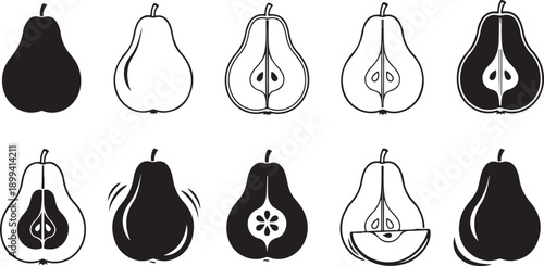 Set of pear illustrations, whole and halved, showing seeds and core, black and white outline and silhouette variations