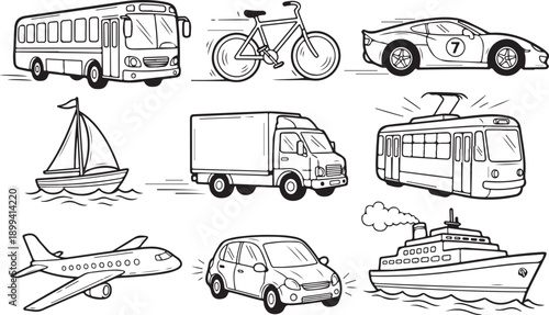 Collection of diverse transportation vehicles, including bus, bicycle, car, sailboat, truck, tram, airplane, and ship