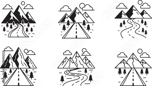 Mountain landscape collection with winding roads and pine forests under sunny sky features linear vector illustrations in outdoor style