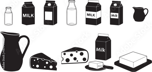 Dairy product silhouette collection with milk cartons glass bottles butter blocks large wedges of cheese and pitchers for breakfast