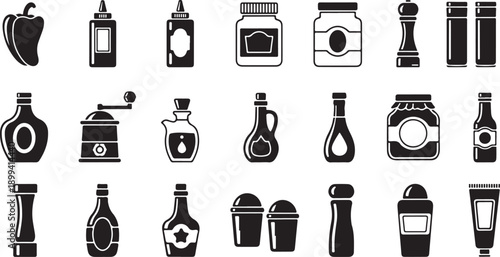Kitchen condiments and seasoning icons featuring salt pepper shakers oil bottles sauce jars spices and grinders in solid black style