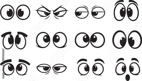 Cartoon eyes set with diverse expressive emotions including angry happy surprised bored and sleepy looks for character design projects