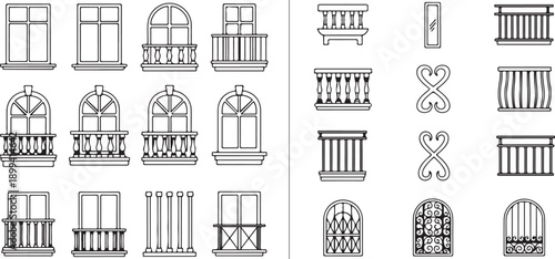 Architectural window and balcony outline set showcasing classic and modern facade elements with decorative railings for building design