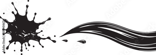 Abstract black liquid splash and flowing wave element depicting oil spill paint splatter or ink blot for creative artistic design