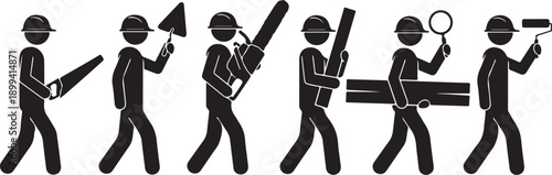 Set of construction worker silhouettes performing various tasks, including sawing, bricklaying, and painting