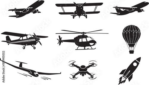 Air transportation silhouettes collection including airplane helicopter hot air balloon drone and space rocket for flight set graphics