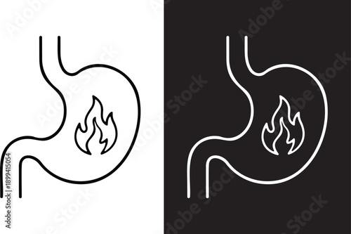 A line art icon illustrates a stomach with a burning flame inside.