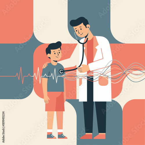 A friendly male physician attentively examines a young boy's chest with a stethoscope, symbolizing pediatric care and health monitoring.