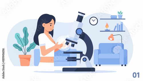 Young woman studying with a microscope in a cozy room