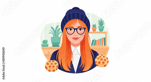 Young woman with red hair wearing glasses and a beanie, holding cookies