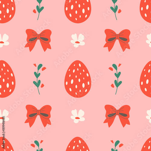 Easter Eggs Bow Spring Seamless Pattern. Playful Pink Drawn Holiday Background with tied ribbons sprigs flowers and spotted religion symbol. Repeat vector illustration