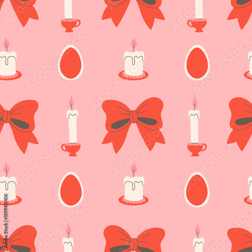 Coquette Easter Pink Seamless Pattern. Cute Drawn Holiday Background with tied bows Candles Eggs decorated with lace. Feminine Vintage Aesthetic. Flat vector illustration