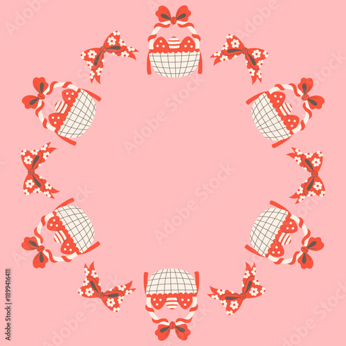 Easter Eggs in Basket Circle Frame. Drawn Spring Holiday Background. Pink Bow Template with copy space for text for card poster social media layout. Flat vector