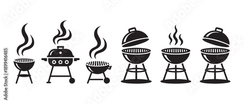 Barbecue Grills Vector Icons Set. with Smoke and Open Lids, Perfect for Summer Cookouts and Outdoor Parties.