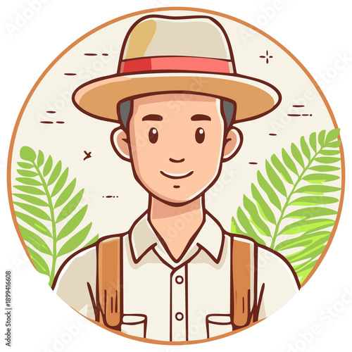 Smiling Man in Safari Hat and Khaki Outfit with Backpack in Tropical Jungle