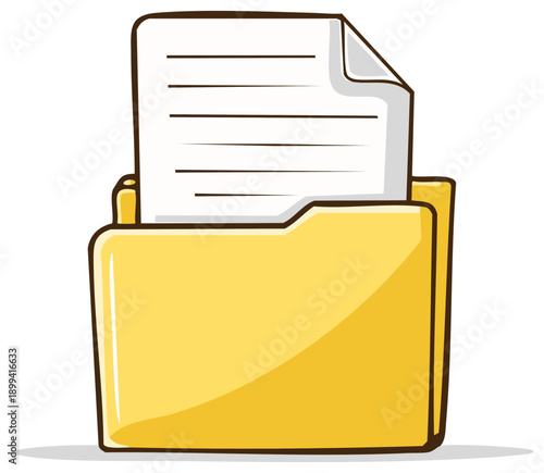 Yellow file folder with paper document cartoon illustration