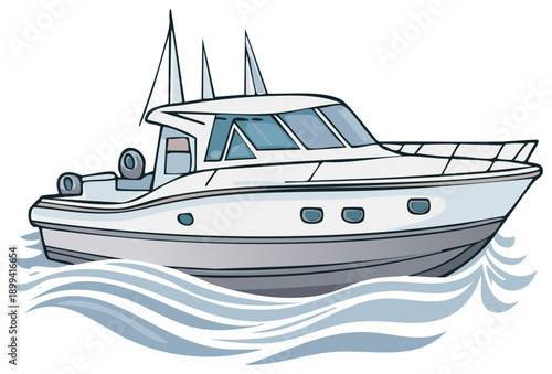 Illustrated white cabin cruiser motor yacht sailing on stylized ocean waves