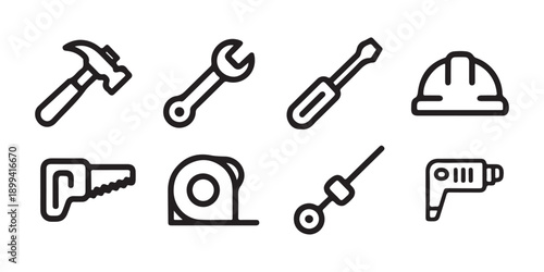 Essential Construction and DIY Hand Tools Outline Icons. Equipment for Building, Repair, and Home Renovation.