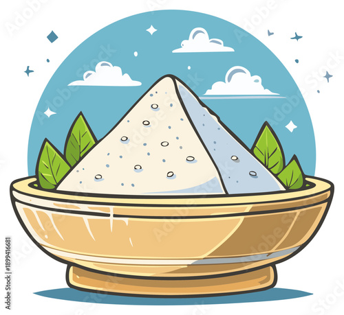 White sugar salt flour pile in a bowl with green leaves cartoon illustration