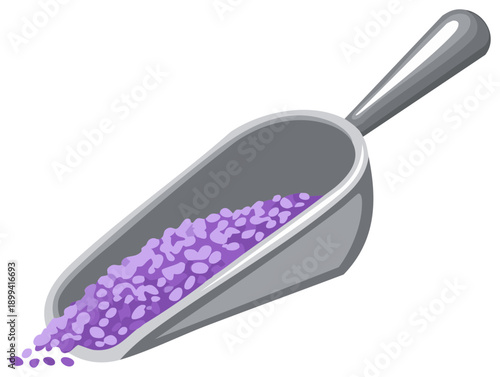 Metal scoop with spilling purple bath salts or lavender seeds vector illustration