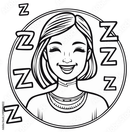 Happy Person Dreaming ZZZ Symbols Black and White Line Art Illustration