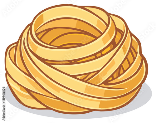 Cartoon illustration of a golden nest of tagliatelle pasta with brown outlines