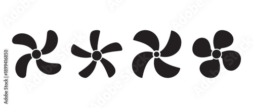 Modern Black Fan and Propeller Icons Vector Set with Multiple Blade Configurations for Industrial Design.