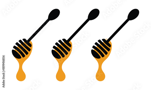 Black Honey Dippers with Golden Sweet Liquid Honey Dripping - Clean Vector Illustration.