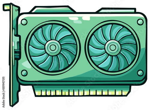 Cartoon illustration of a green dual fan computer graphics card for gaming