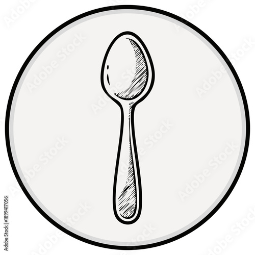 Hand drawn spoon sketch. Black and white kitchen utensil illustration icon in a circle.