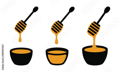 Honey Dipper Dripping Golden Sweet Nectar into Bowl Vector Illustration Natural Food Product.
