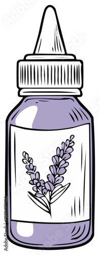 Glass dropper bottle with lavender illustration for aromatherapy and wellness products