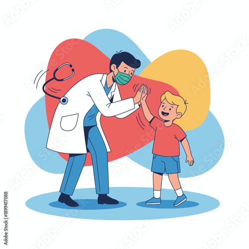 A caring pediatrician wearing a protective mask shares a joyful high five with a happy young patient, symbolizing trust and successful medical care.