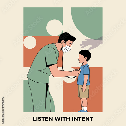 A compassionate medical professional wearing a mask attentively listens to a young child's heartbeat during a pediatric check-up, emphasizing empathetic care.
