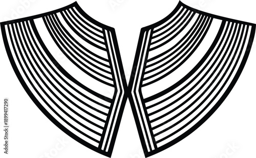Symmetrical geometric line art collar design with black curved stripes on a white background for fashion apparel or tribal neck tattoo.