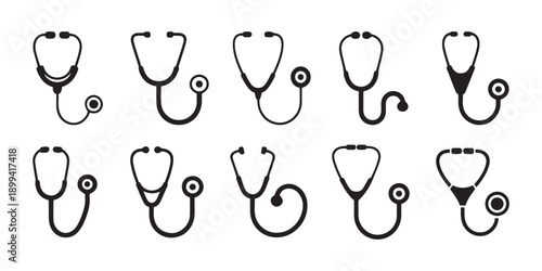 Stethoscope Icons Collection for Medical Design and Healthcare Concepts on Clean White Background.