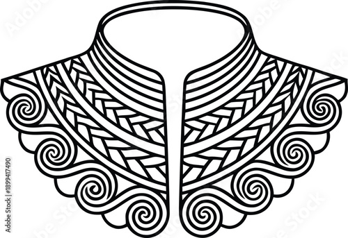 Black and white tribal collar vector illustration with braided geometric patterns and spiral waves for neckline embroidery.