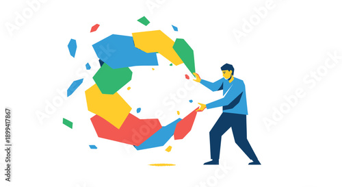 Vector illustration of man pulling apart puzzle pieces, colorful, for business or marketing concept, isolated on transparent background, png