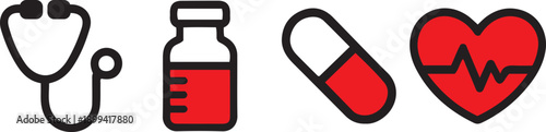 Medical Healthcare Icons Set. Stethoscope, Vial, Pill, and Heart Pulse in Flat Design Style.