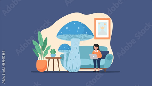Woman on couch with laptop near giant mushrooms and plants