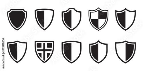 Black and White Shield Icons Collection for Security, Protection, and Defense Design Elements.