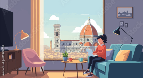 Woman on couch with laptop, Florence skyline view from window