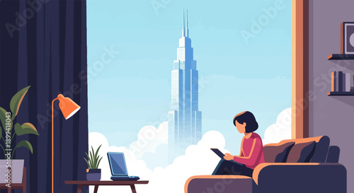 Woman on couch with laptop and tablet, skyscraper view